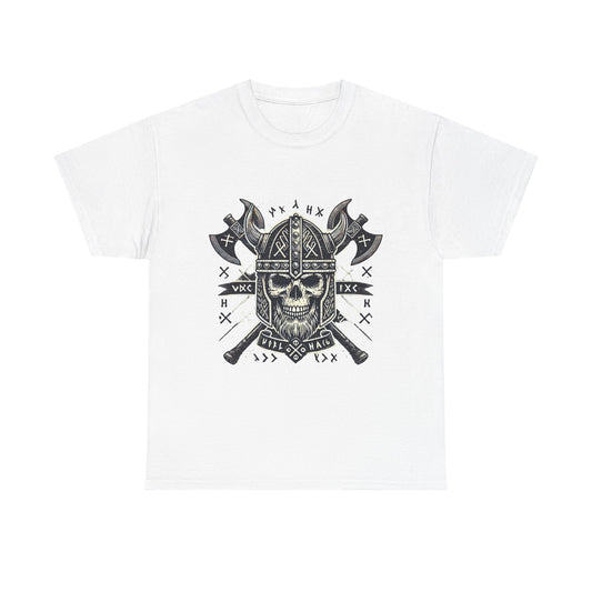 Bold Viking Skull Tee, Unisex Cotton Shirt, Norse Mythology Apparel, Heavyweight Graphic Tee, Perfect for Casual Wear