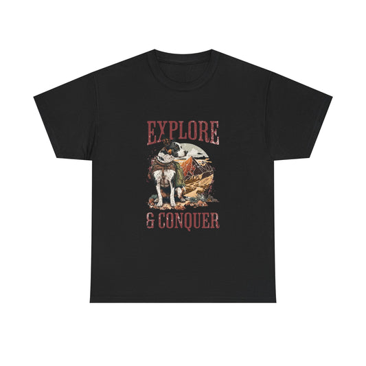 Adventure Inspired Unisex Heavy Cotton Tee, Explore & Conquer Shirt, Outdoor Lover Gift, Hiking Apparel, Casual Everyday Wear